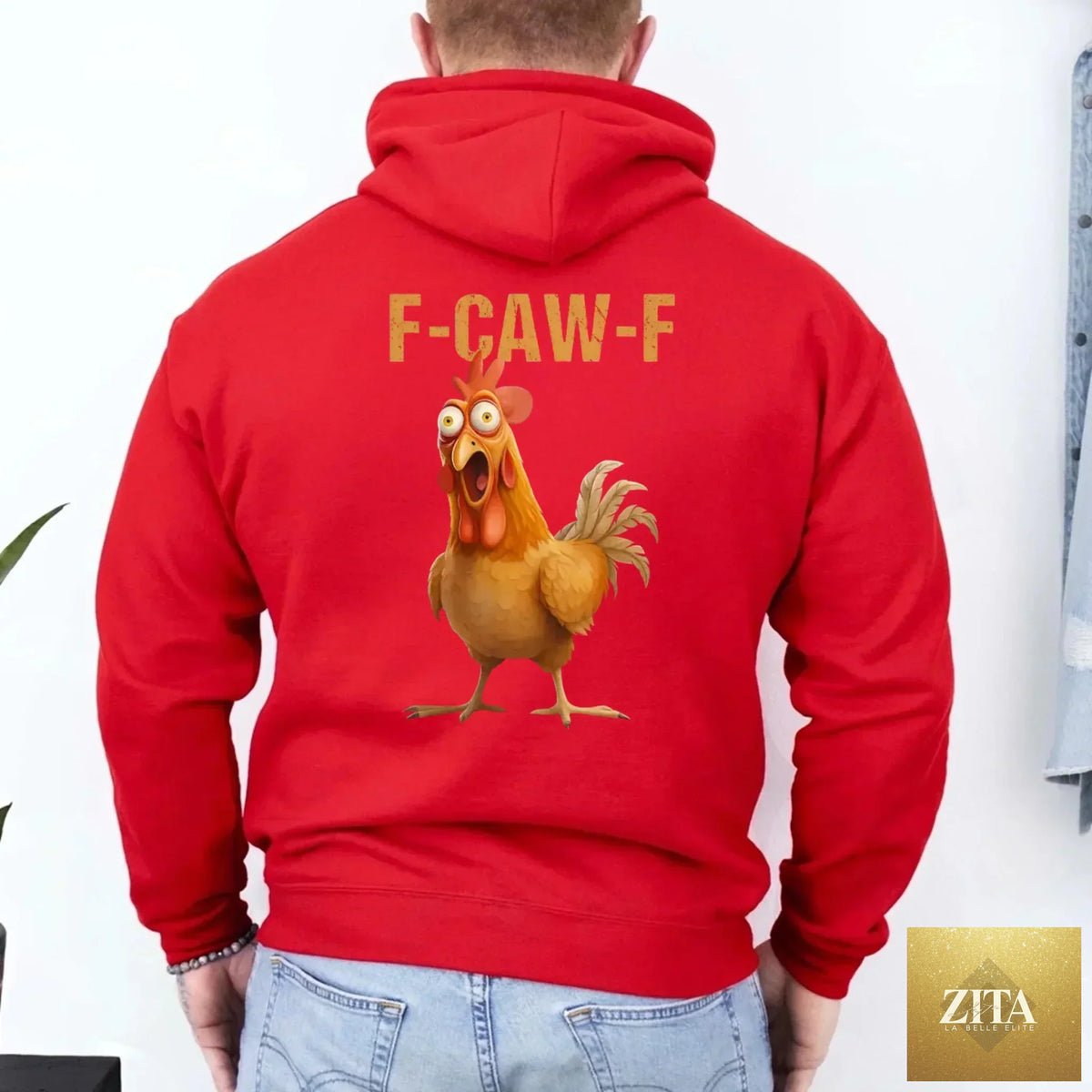 Unisex rooster hoodie with humorous "F-Caw-F" print by Adorb Custom Tees, featuring a colorful cartoon rooster design.