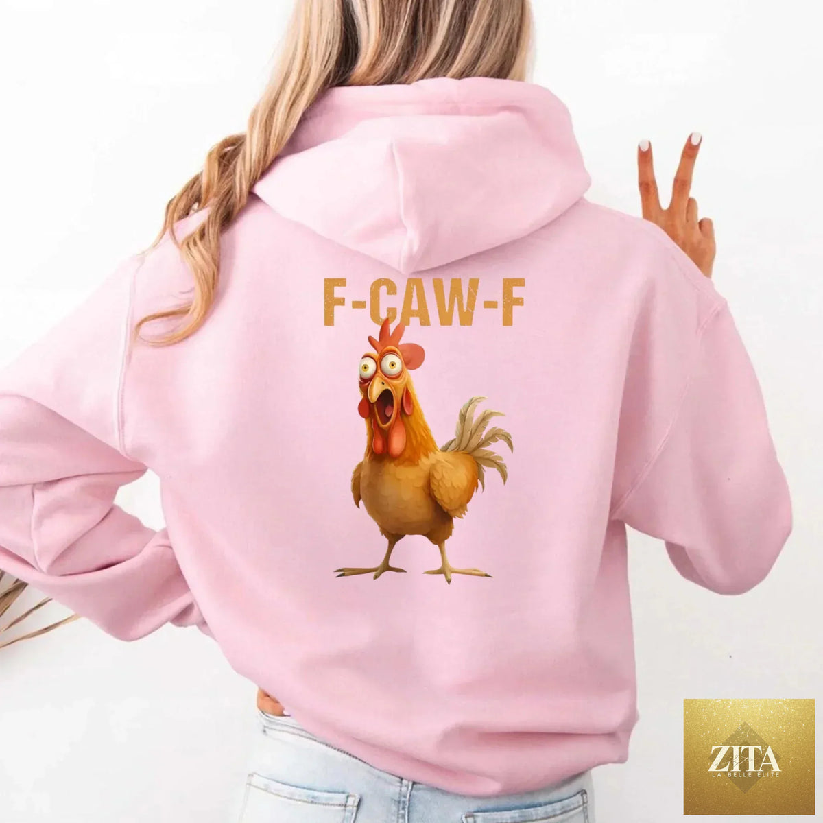 Unisex rooster hoodie with humorous F-Caw-F design from Adorb Custom Tees, featuring a playful cartoon rooster graphic.