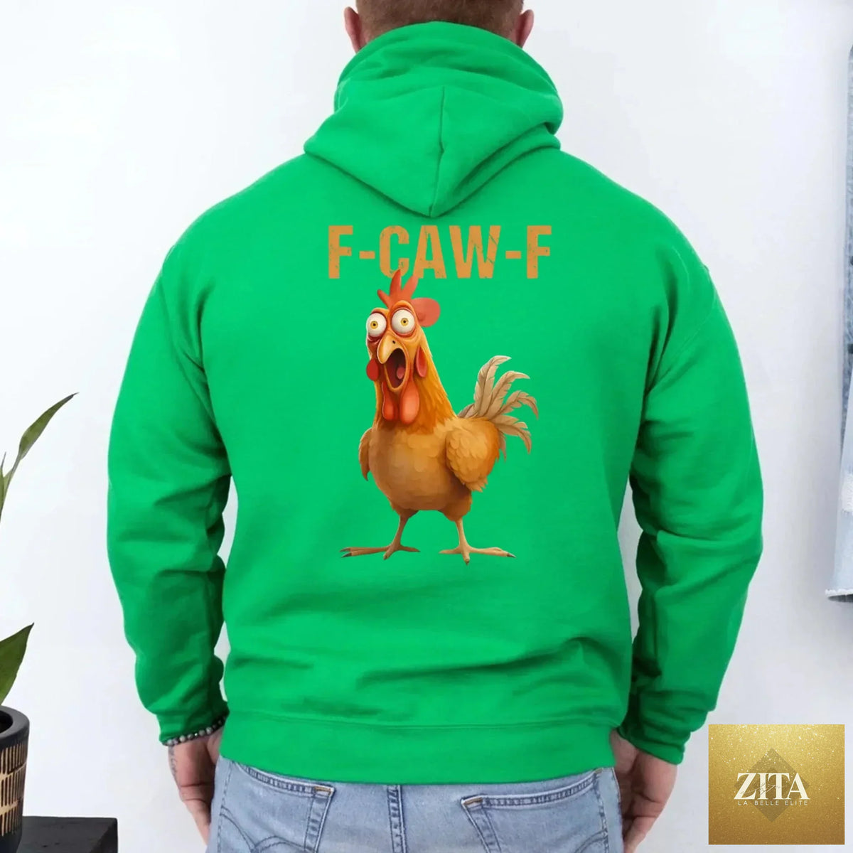 Unisex rooster hoodie with humorous "F-Caw-F" graphic from Adorb Custom Tees, featuring a colorful cartoon rooster design.