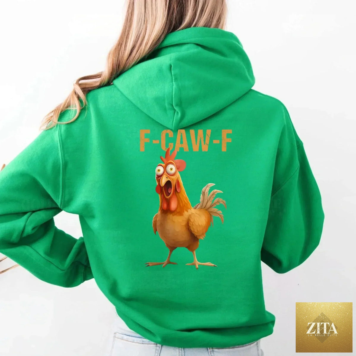 Unisex rooster hoodie with humorous "F-Caw-F" design by Adorb Custom Tees, featuring a fun and colorful graphic on soft fabric.