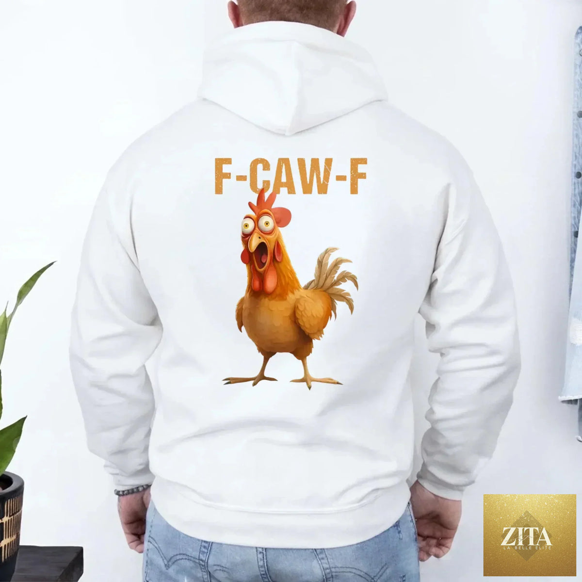Unisex rooster hoodie featuring humorous "F-Caw-F" design by Adorb Custom Tees, made of soft fabric, perfect for casual wear.
