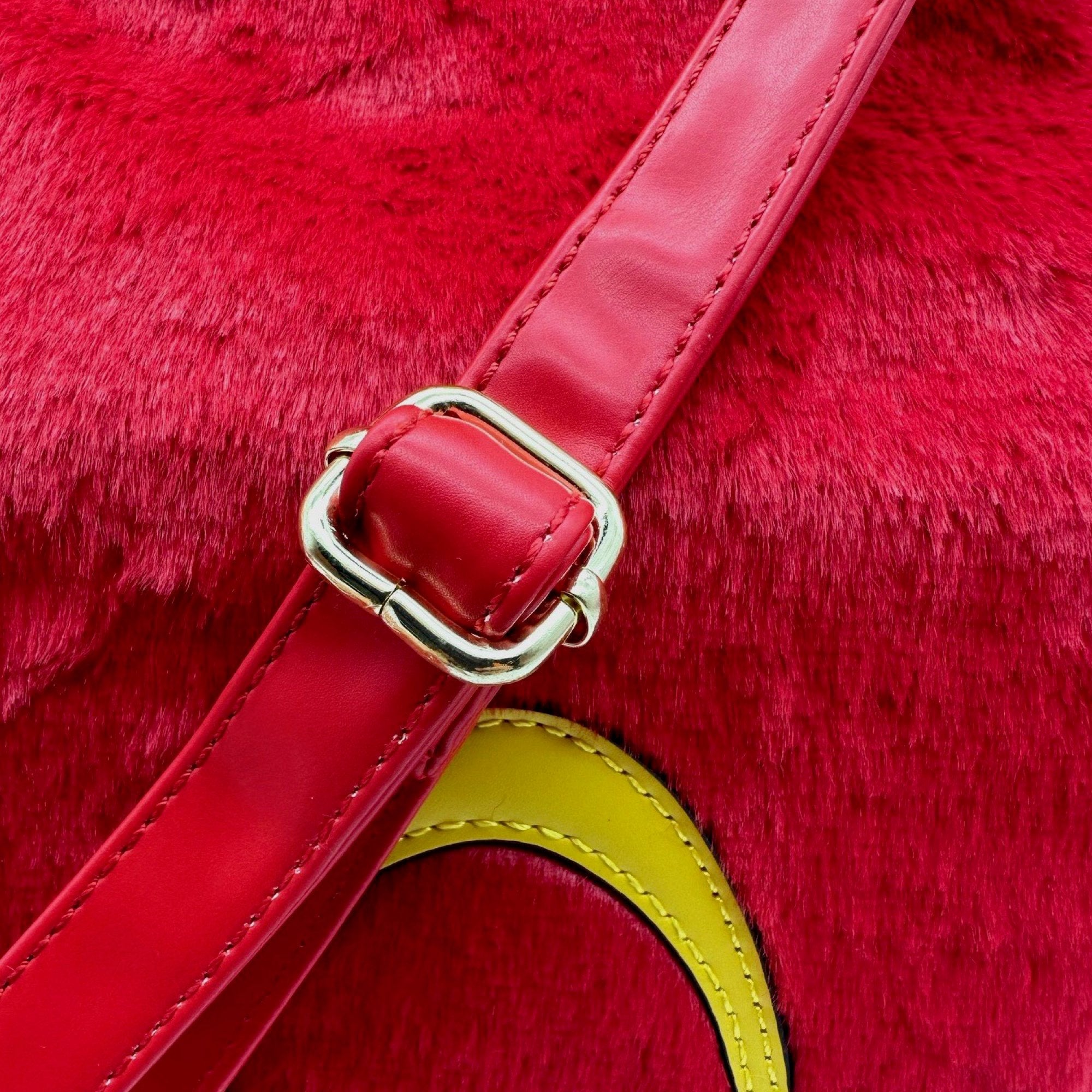 Red faux fur tote bag with a plush texture, featuring a golden arch design, perfect for Y2K, streetwear, and alternative fashion styles.