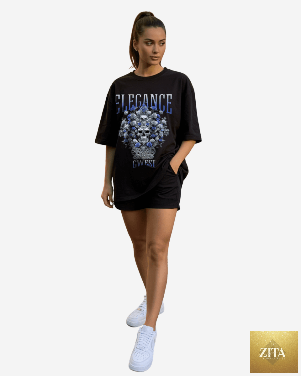 Black G West Elegance In Decay oversized women's T-shirt with a relaxed fit and graphic design on the front.