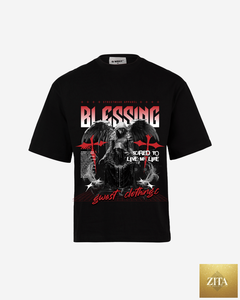 G West Rhinestone Blessing oversized men's T-shirt in black, red, and white with rhinestone embellishments and bold graphic design.