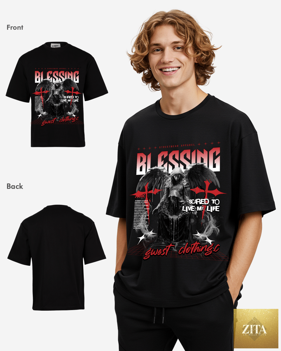 G West men's oversized T-shirt with rhinestone blessing design in black, red, and white colors.