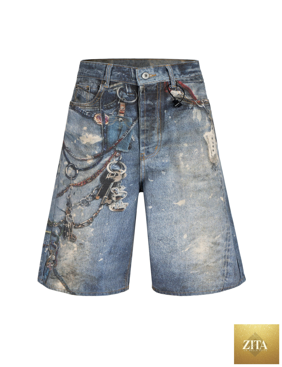 Undeveloped locksmith denim shorts shown on a model, featuring classic five-pocket design and frayed hem for a casual look.