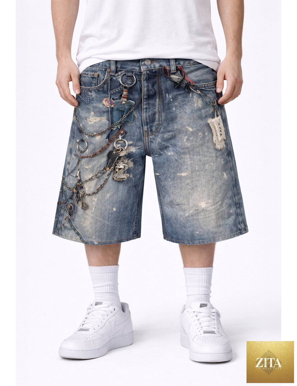 Undeveloped locksmith denim shorts featuring distressed details, classic five-pocket design, and rolled cuffs on a model.