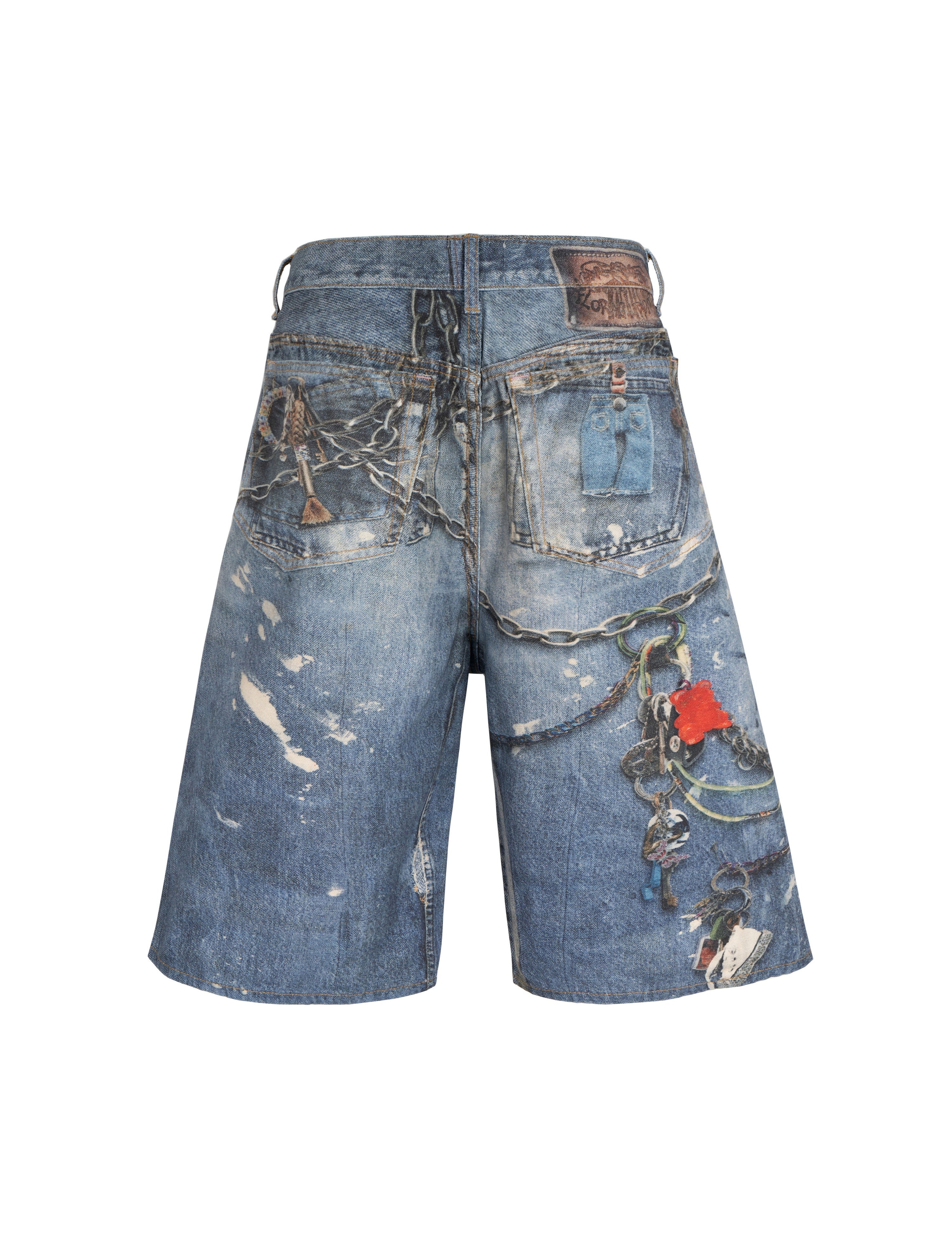 Undeveloped locksmith denim shorts featuring distressed denim fabric, classic five-pocket design, and frayed hem detail.