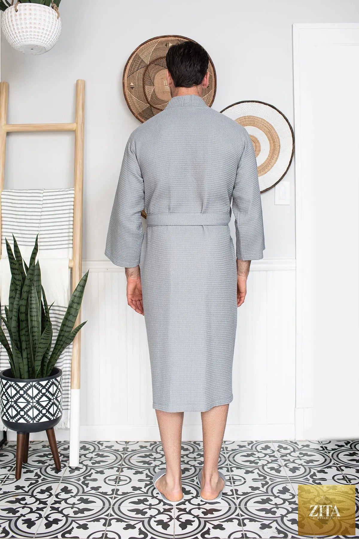 Absorbent, lightweight Lotus Linen waffle spa bathrobe for men, shown as a cozy, plush robe perfect for relaxation.