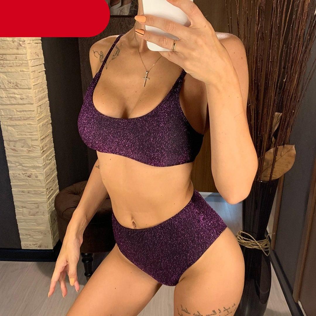 Sparkling female high waist bikini with glitter, scoop neck crop top, two-piece swimwear by Stevvex, perfect for summer beach parties.