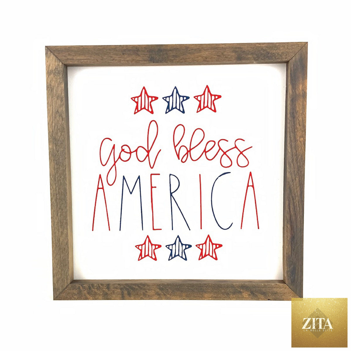 Framed art featuring "God Bless America" with red, white, and blue colors, by Zita La Belle Elite, showcasing patriotic wall decor.