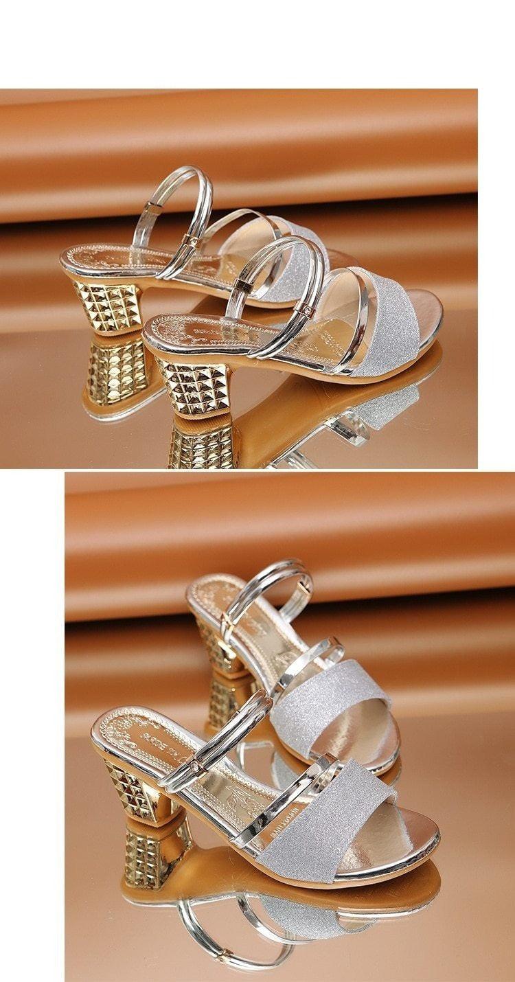 Gold Stevvex women’s summer open toe sandals with ankle strap and low heel, perfect for dressy or party occasions.