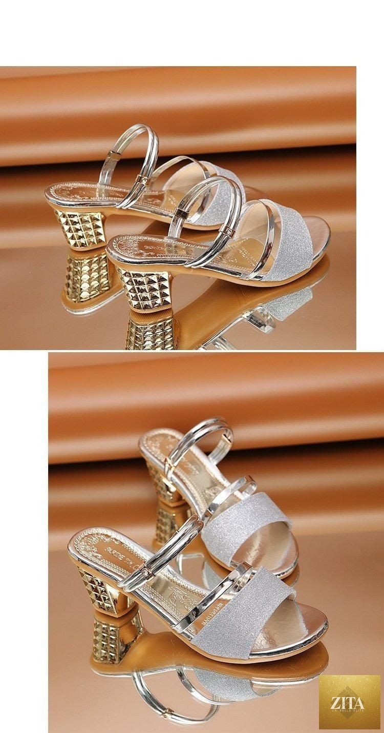 Gold Stevvex women’s summer open toe sandals with ankle strap and low heel, perfect for dressy or party occasions.