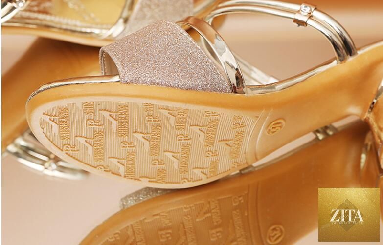 Gold open-toe women’s summer sandals by Stevvex with ankle strap, low heel, stylish dress and party shoes for women.