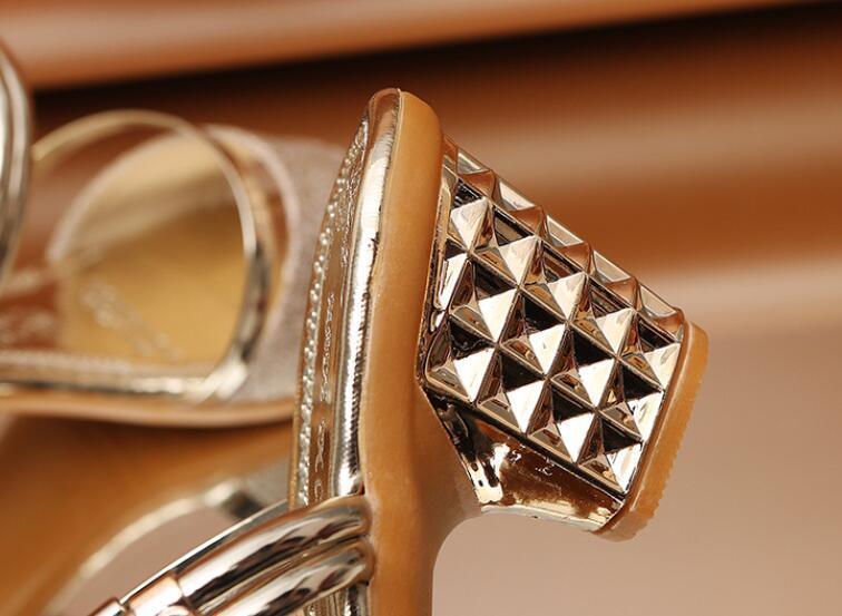 Gold Stevvex women’s open toe sandals with ankle strap, low heel, perfect for summer dress and party occasions.