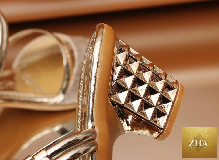 Gold Stevvex women’s open toe sandals with ankle strap, low heel, perfect for summer dress and party occasions.