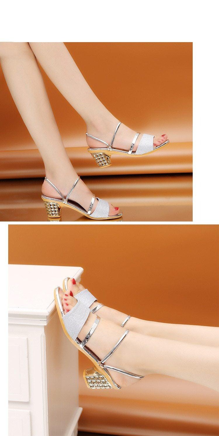 Gold open-toe women’s summer sandals with ankle strap, low heels, and high heels, stylish for dress or party occasions by Stevvex.