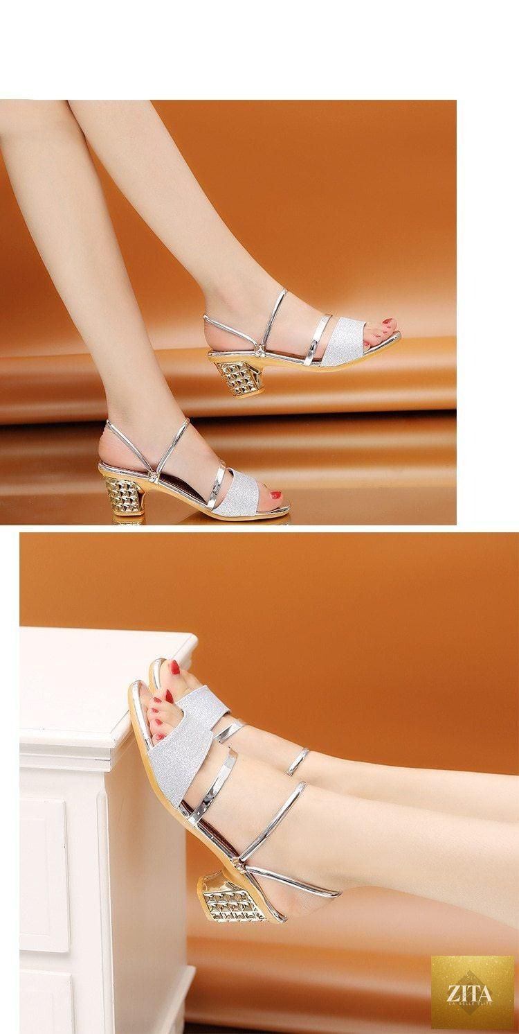 Gold open-toe women’s summer sandals with ankle strap, low heels, and high heels, stylish for dress or party occasions by Stevvex.