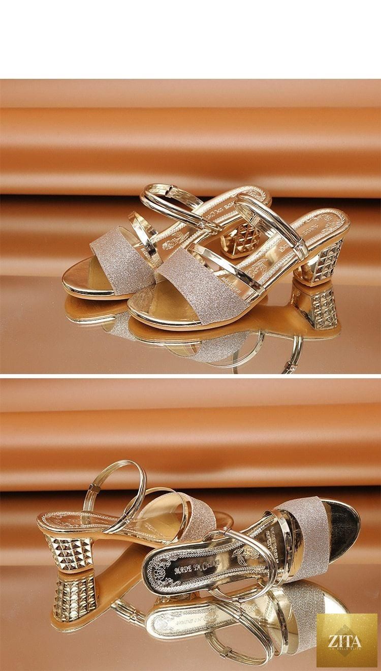 Gold women’s summer open-toe sandals with ankle strap, low heel, and high heel options, stylish and luxurious for dressy occasions.