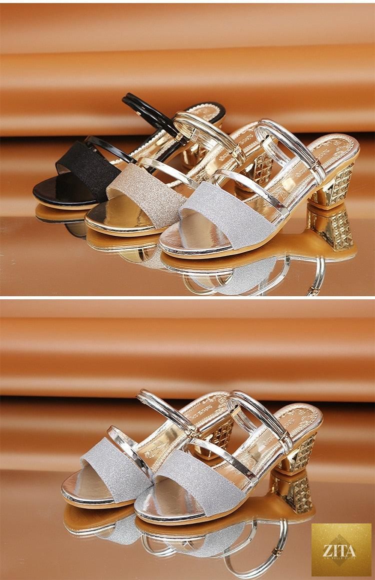 Gold women’s summer open toe sandals with ankle strap, low heels, stylish high heels, perfect for dressy occasions and parties.
