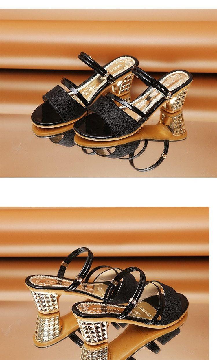 Gold Stevvex women's summer open-toe sandals with ankle strap, low heels, suitable for dressy and party occasions.
