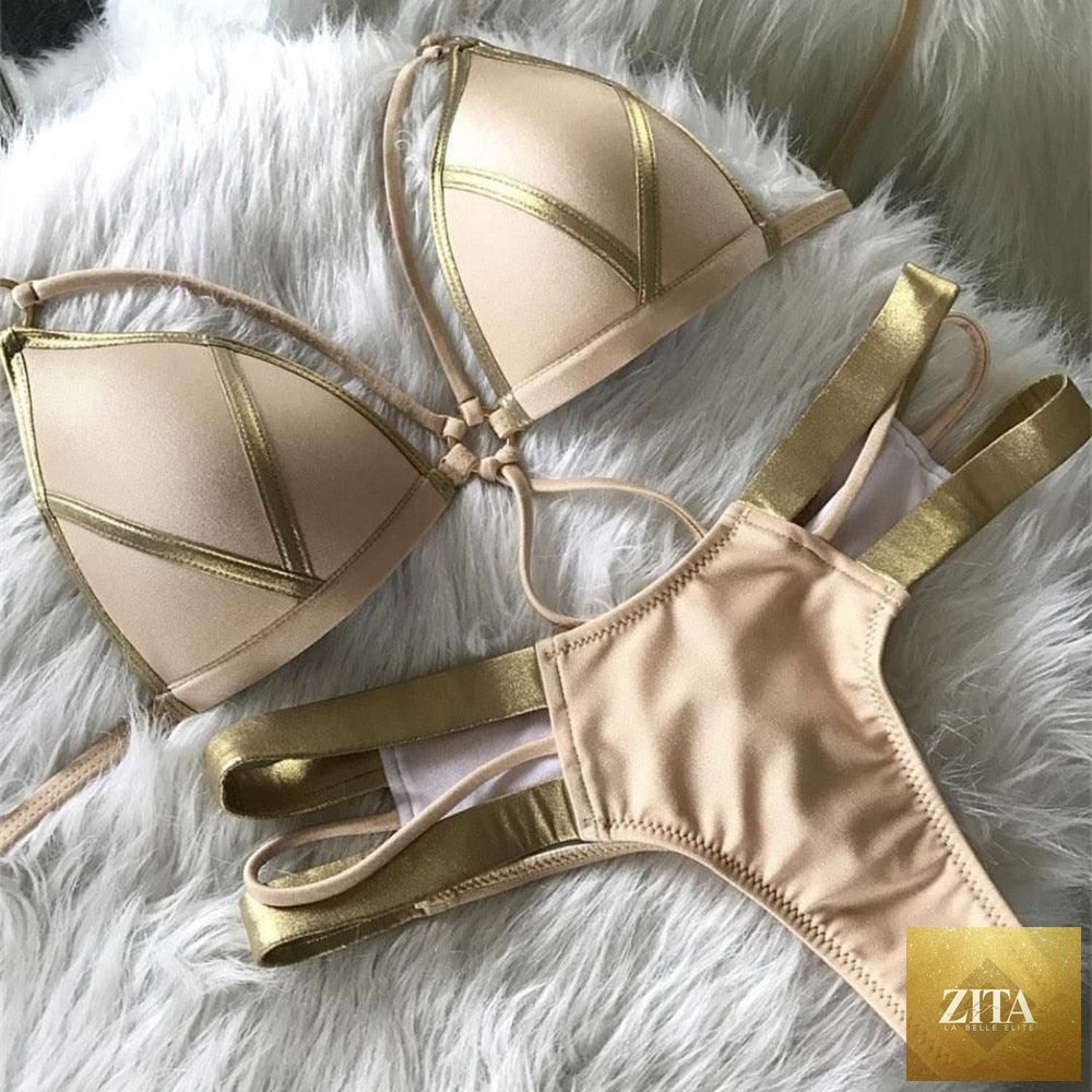 Golden bikini set for women featuring padded push-up top and lace-up design, perfect for summer beachwear and swimming.