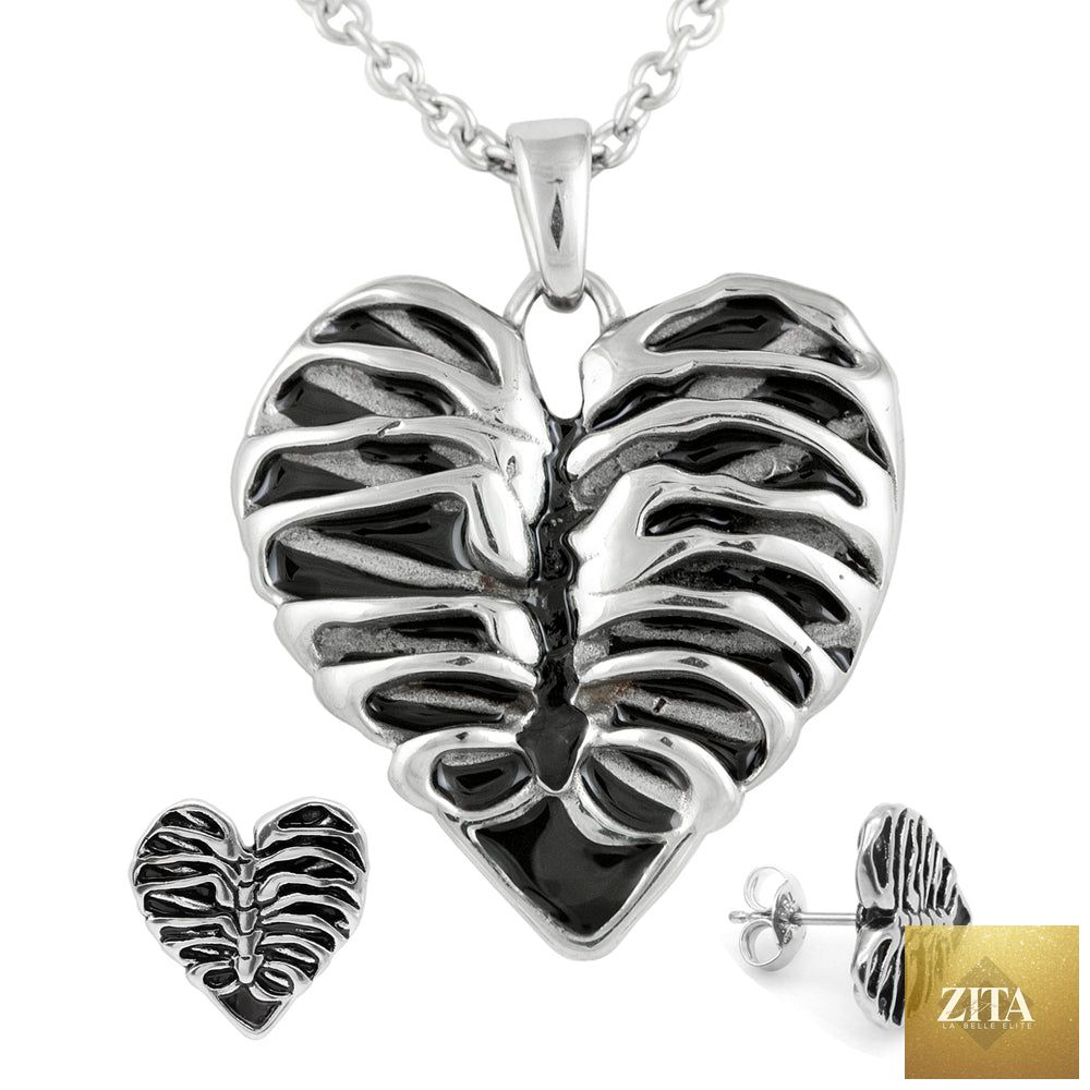 Gothic rib cage heart necklace and earrings jewelry set by BandsCo Straps featuring stainless steel accessories with dark, intricate design.