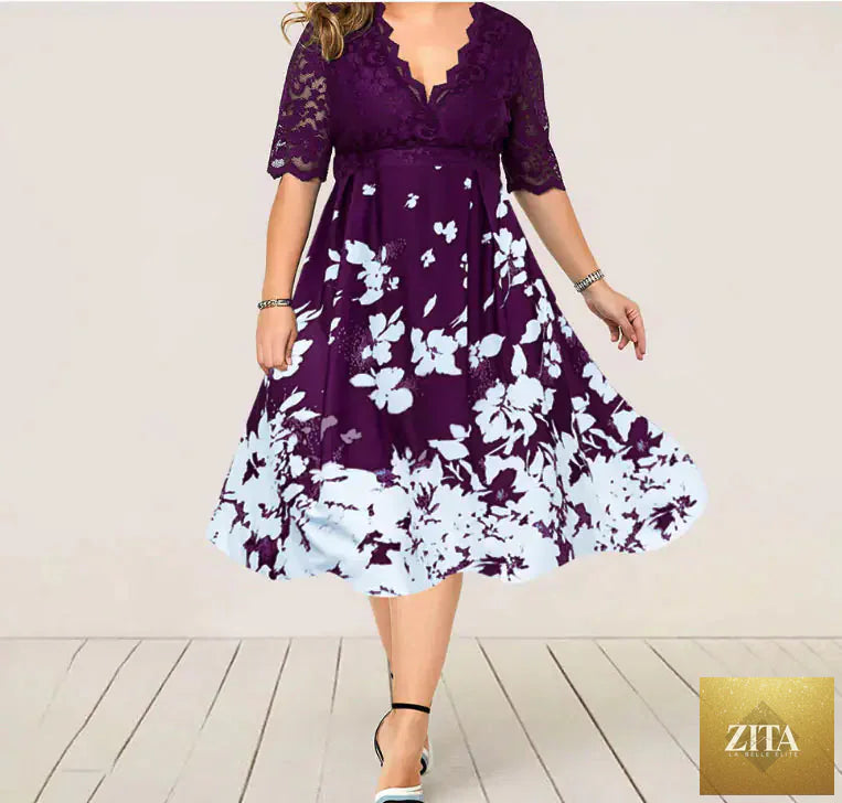 Plus size elegant blue lace summer evening dress for women, featuring intricate lace details and a flowing design.