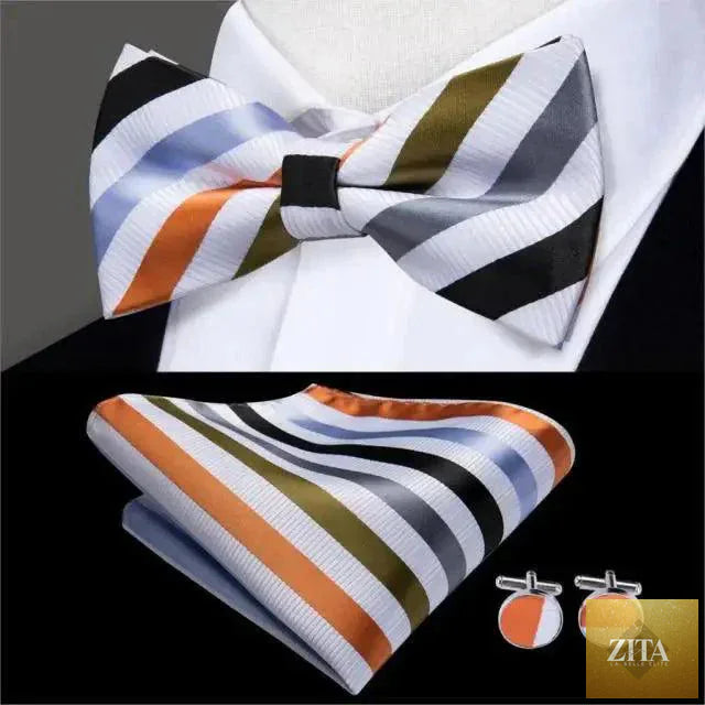 Green silk butterfly pre-tied bow tie, pocket square, and cufflinks suit set for men by Stevvex, perfect for formal occasions.