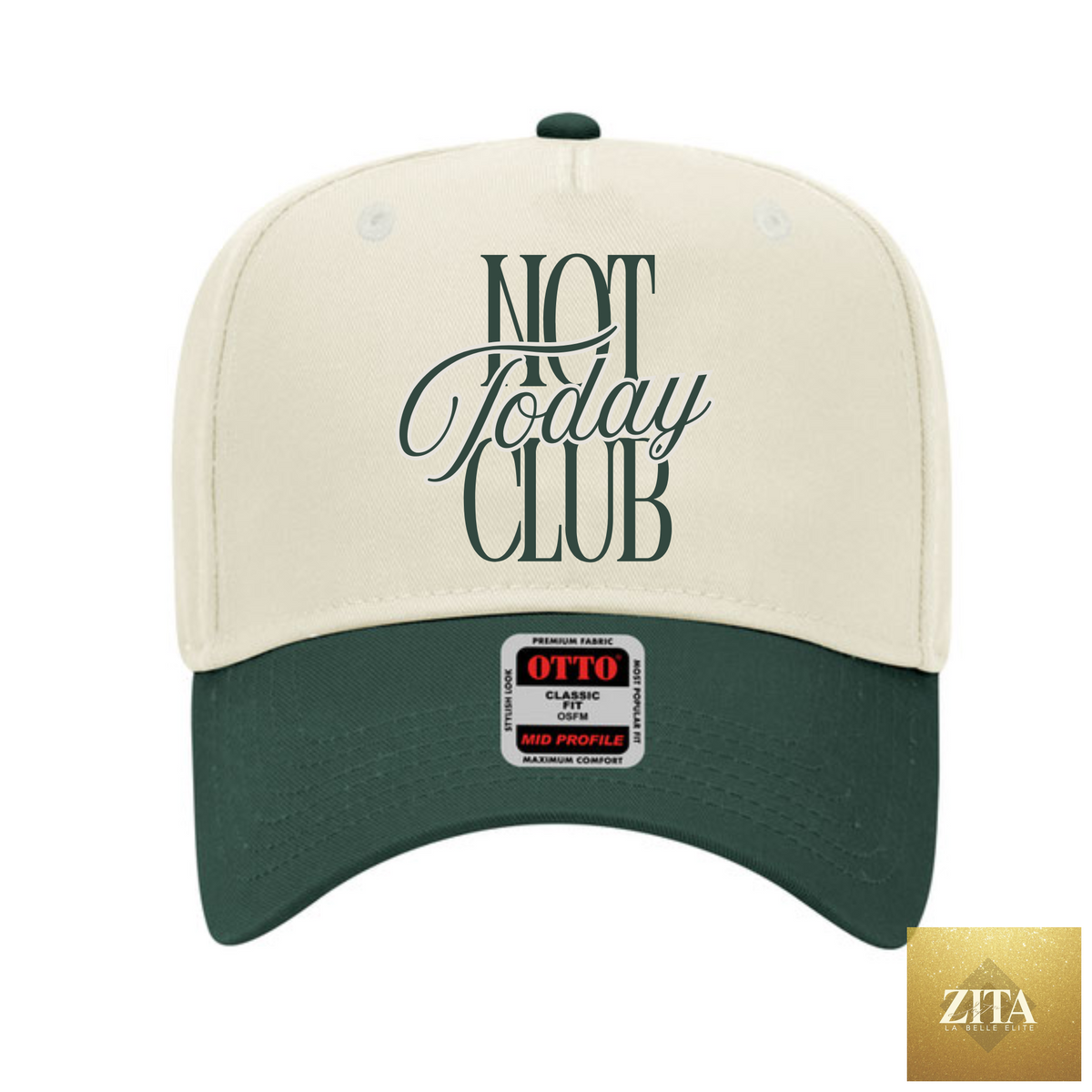 Green and canvas Not Today Club trucker hat by Hey Jude Graphic Tees, featuring a classic mesh design and bold logo front.