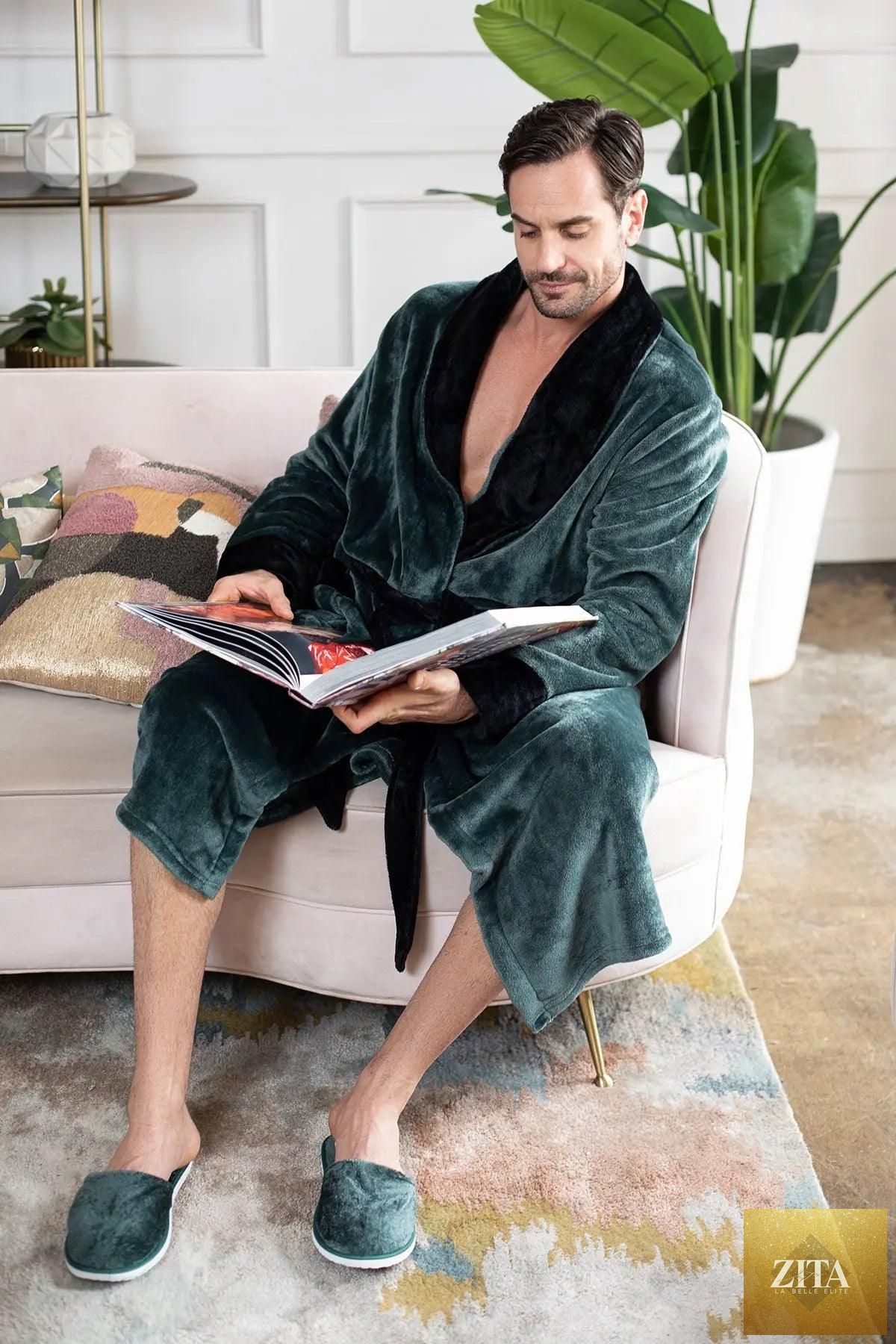 Green men's plush robe by Lotus Linen, cozy and soft, featuring a relaxed fit and plush fabric for ultimate comfort.