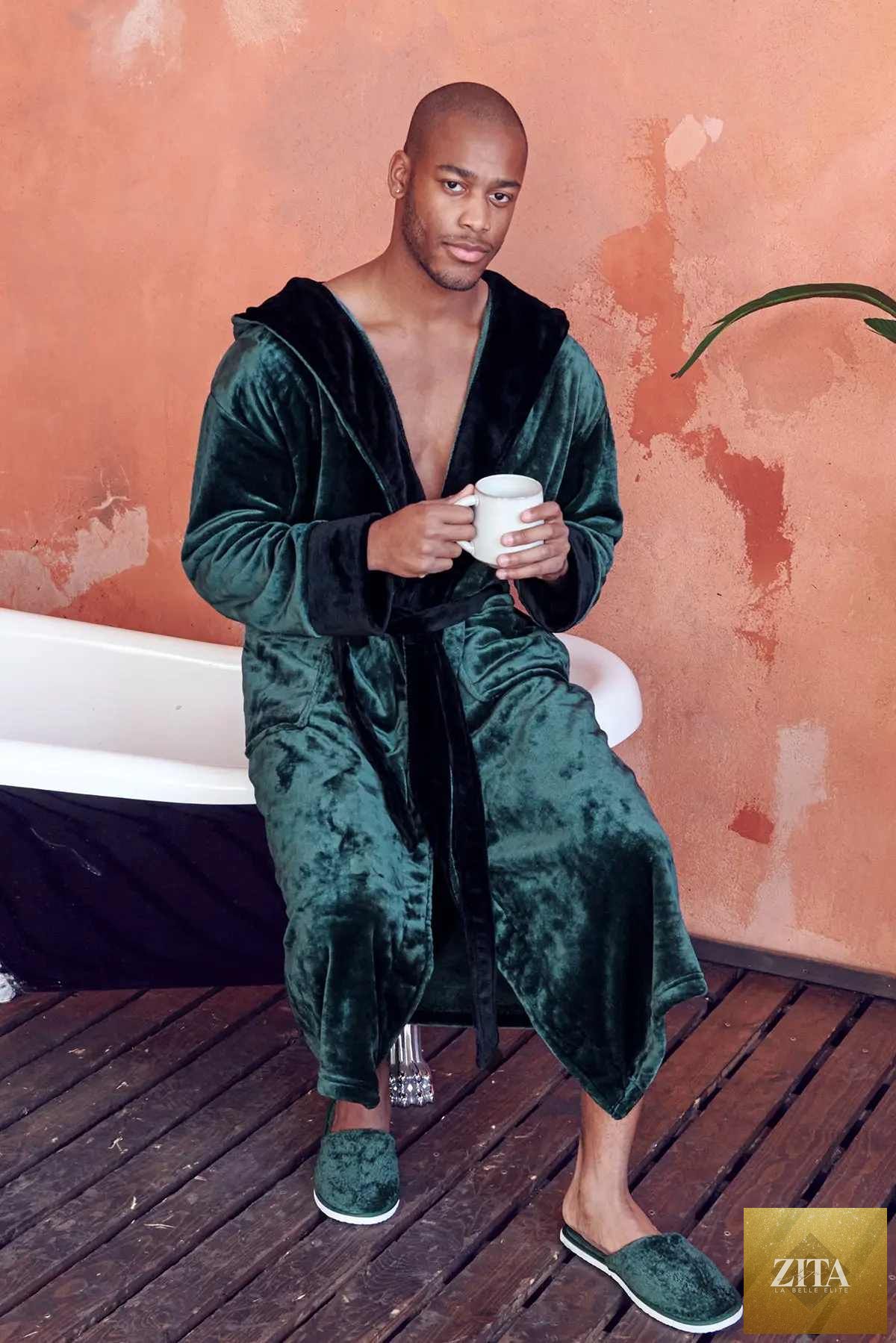 Green men's hooded robe by Lotus Linen featuring ultra-soft plush fabric for cozy everyday comfort.