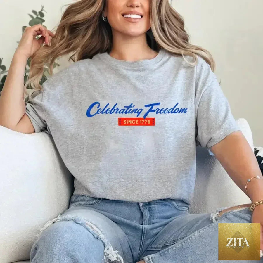 Grey 4th of July T-Shirt by Adorb Custom Tees featuring patriotic design celebrating freedom since 1776.