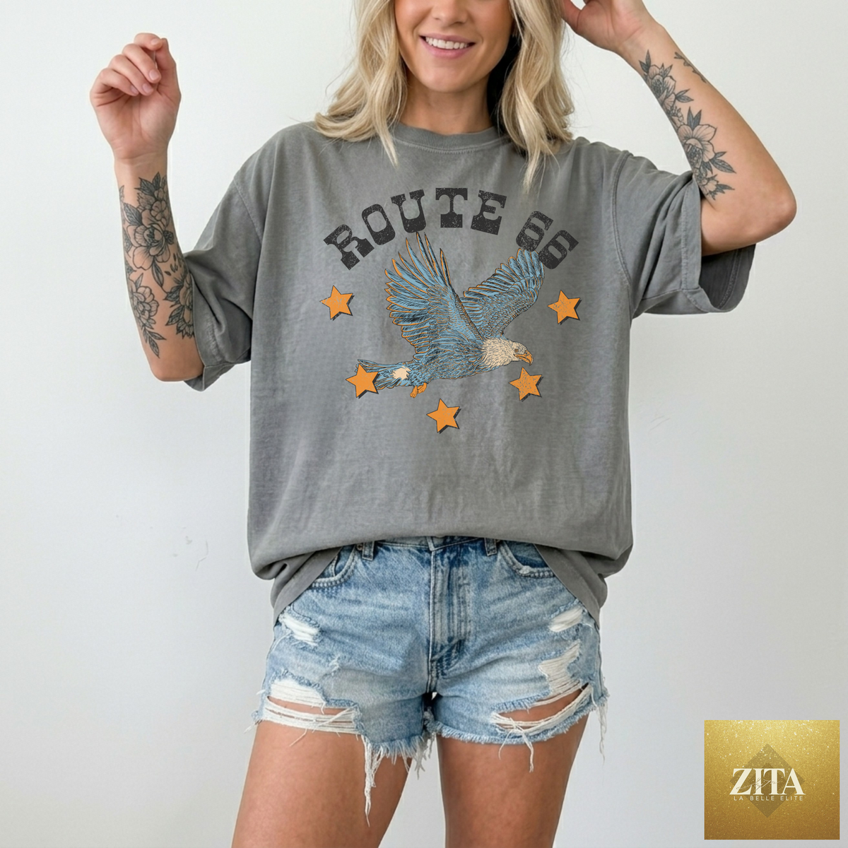 Grey Route 66 Eagle graphic T-shirt by Hey Jude Graphic Tees featuring a retro western Route 66 design.