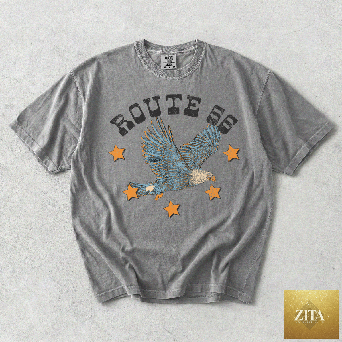 Grey Route 66 Eagle graphic T-shirt by Hey Jude Graphic Tees featuring a retro western eagle design.