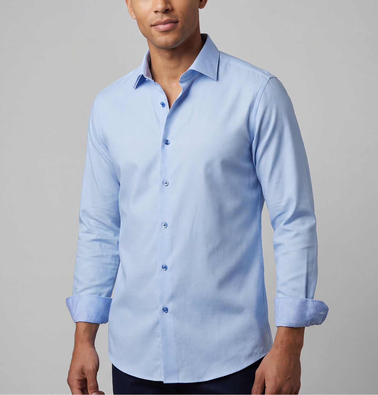 Blue LEVINAS® cotton knit-stretch button-up shirt with contrast details, tailored fit, perfect for casual or smart occasions.