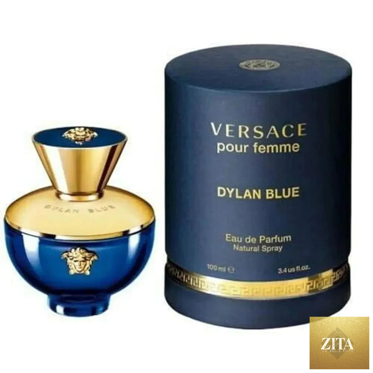 Versace Dylan Blue Femme EDP spray 3.4 oz showcasing the elegant fragrance bottle with a blue and silver design.