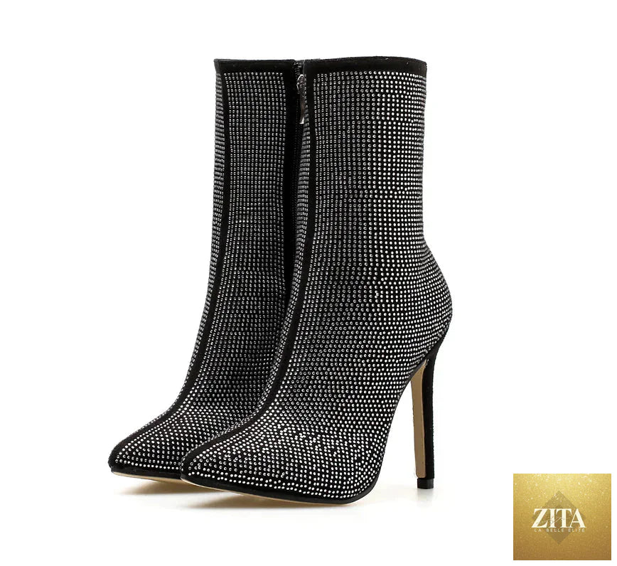 Women rhinestone high heel boots with pointed toe, stylish Trendy Attic Store01 footwear for elegant fashion.
