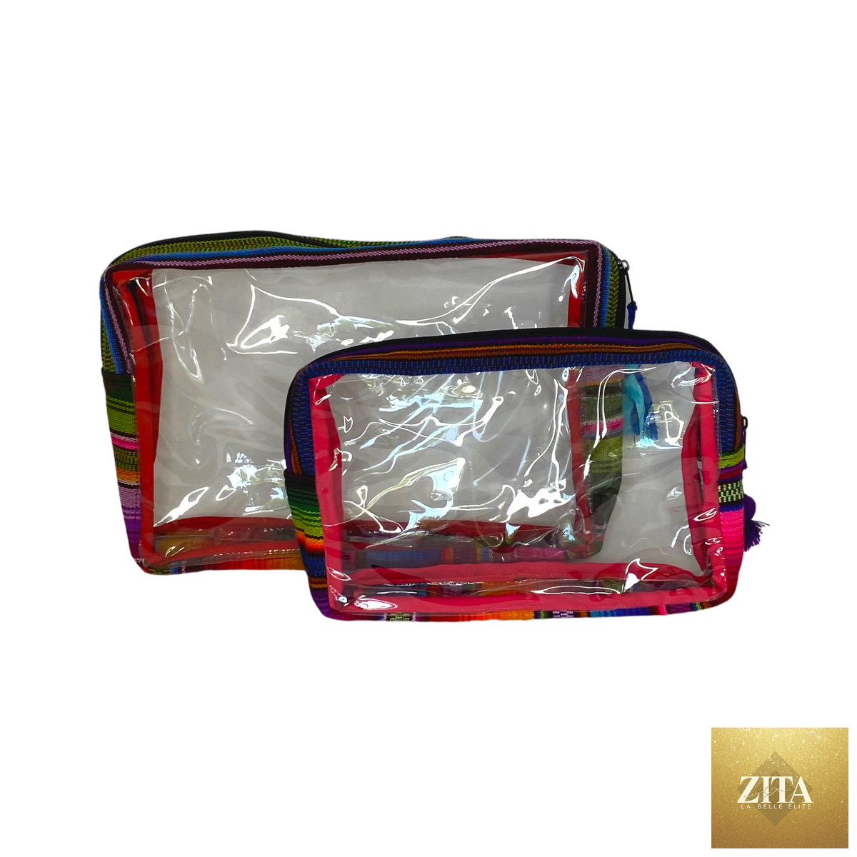 Lumily Hacienda transparent toiletry travel bag with Guatemala design, clear plastic with zip closure, ideal for toiletries on the go.