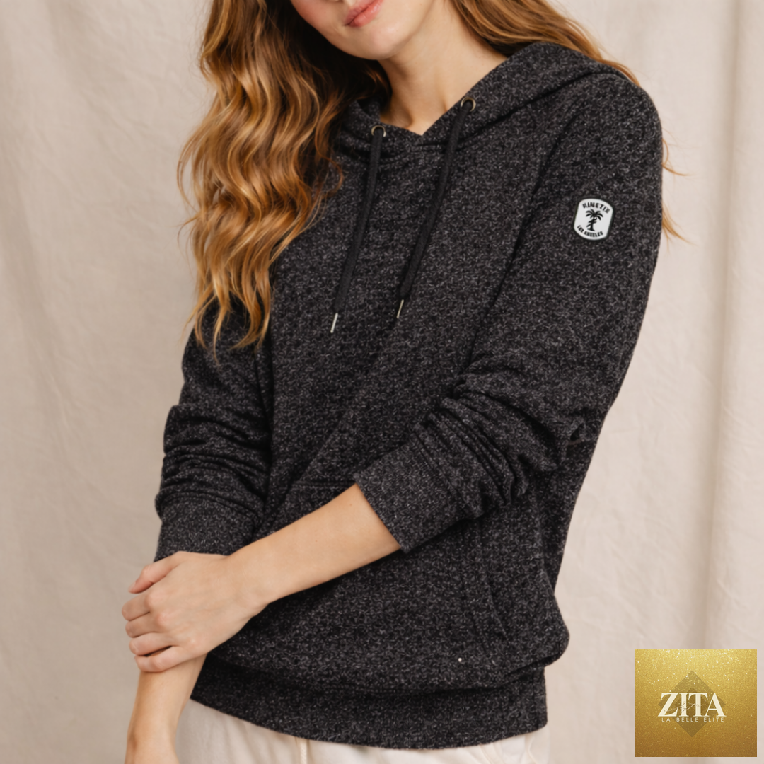 Women's black Half Moon Hoodie by Kinetix Casual Luxury, featuring a relaxed fit and soft fabric, shown in Heather Salts Pepper color.