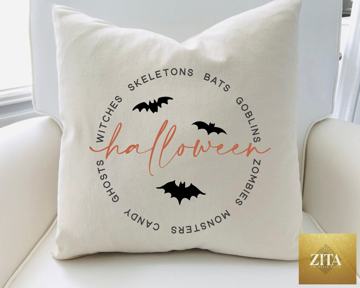 Halloween-themed 18x18 pillow cover from Cotton and Crate featuring a festive circular Halloween design.