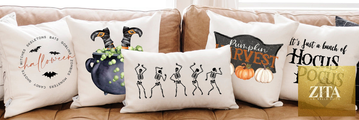Five dancing skeletons on a 12x20 pillow cover by Cotton and Crate, featuring Halloween-themed skeleton design.