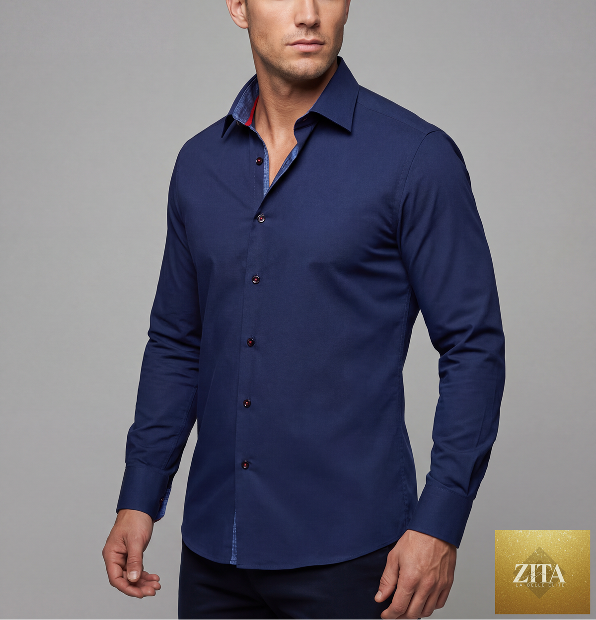 LEVINAS® navy cotton knit-stretch button-up shirt with contrast details, tailored fit, and long sleeves, suitable for casual or formal wear.