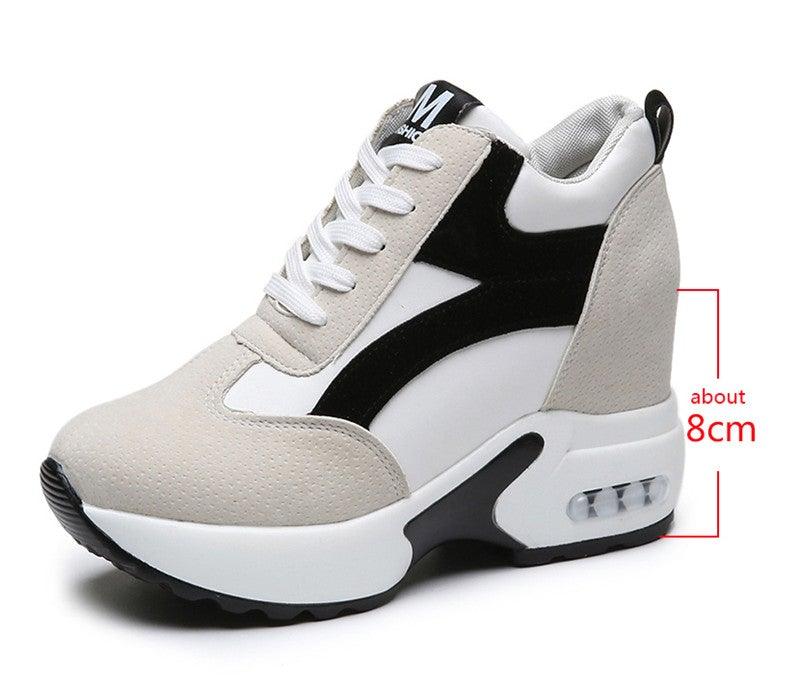 Red and black Stevvex high heel women's sneakers with air cushion, lace-up platform, leather construction, casual and athletic style.