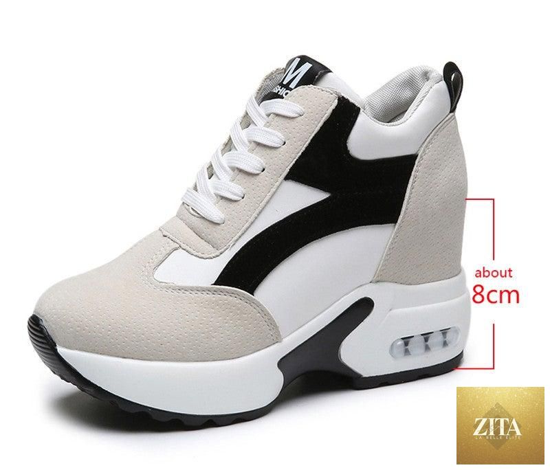 Red and black high heel women's sneakers by 12timbers featuring air cushion, lace-up platform, casual and athletic leather trainers.