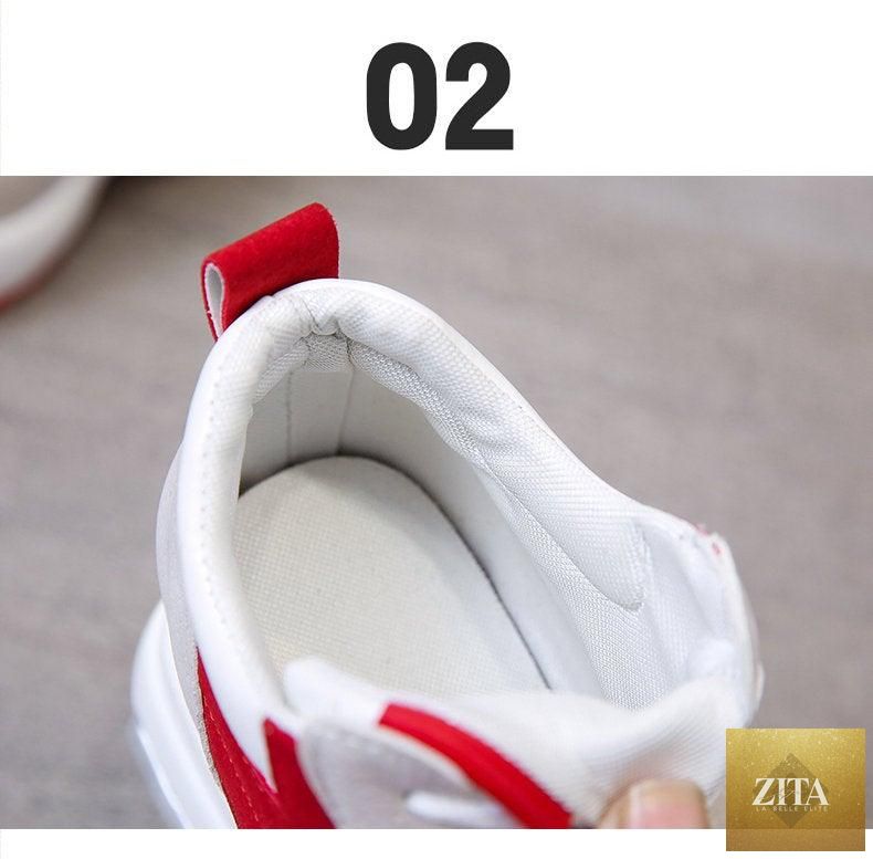 Red and black high-heel women's sneakers by 12timbers with air cushion, lace-up platform, leather, casual, athletic, and walking shoes.