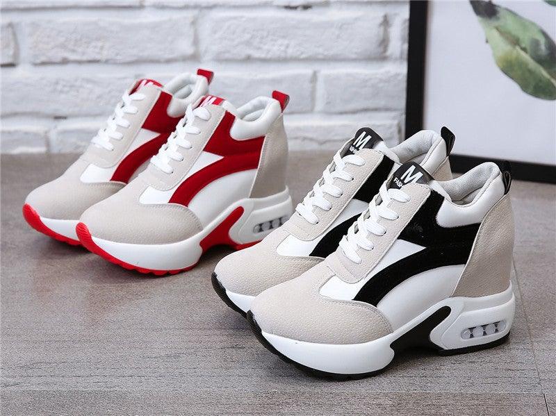 Stevvex women's high heel sneakers in red and black with air cushion, lace-up platform, leather athletic shoes for casual and sports wear.