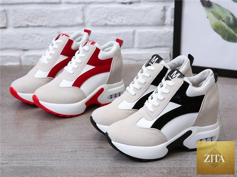 Red and black women's sneakers with high heels, air cushion sole, lace-up platform, leather design, suitable for casual and athletic wear.