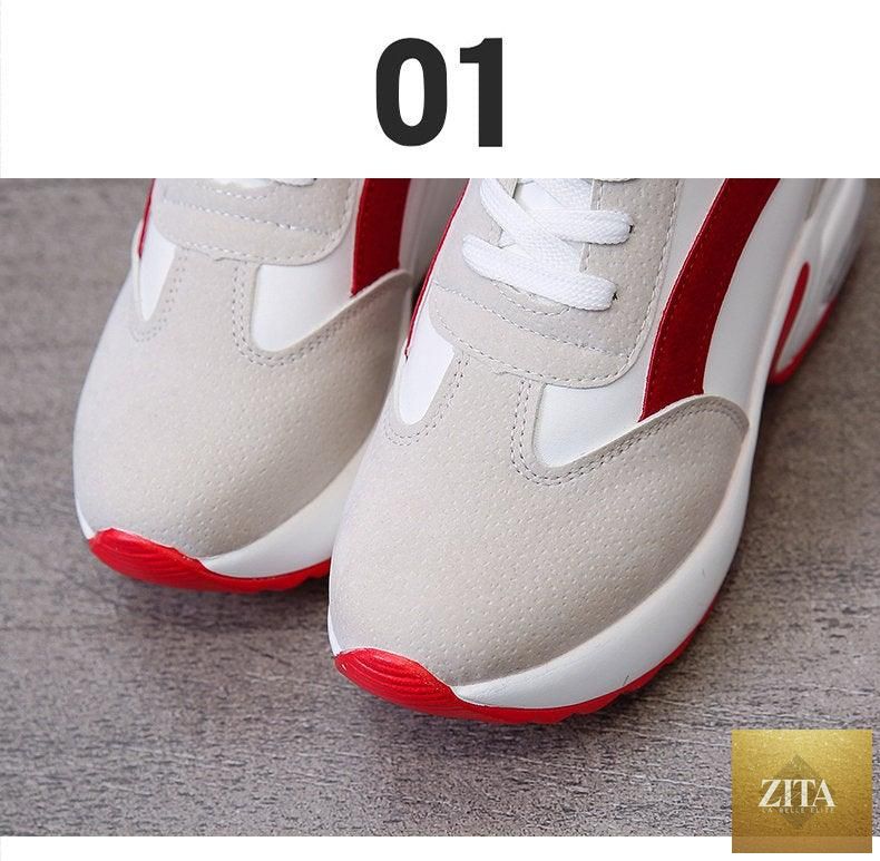 Red and black women's sneakers with high heels, air cushion, lace-up design, platform sole, leather upper, suitable for casual and athletic wear.