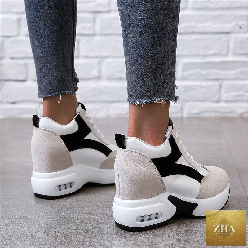 Red and black women's sneakers by 12timbers featuring air cushion, lace-up design, platform, leather accents, ideal for casual and athletic wear.